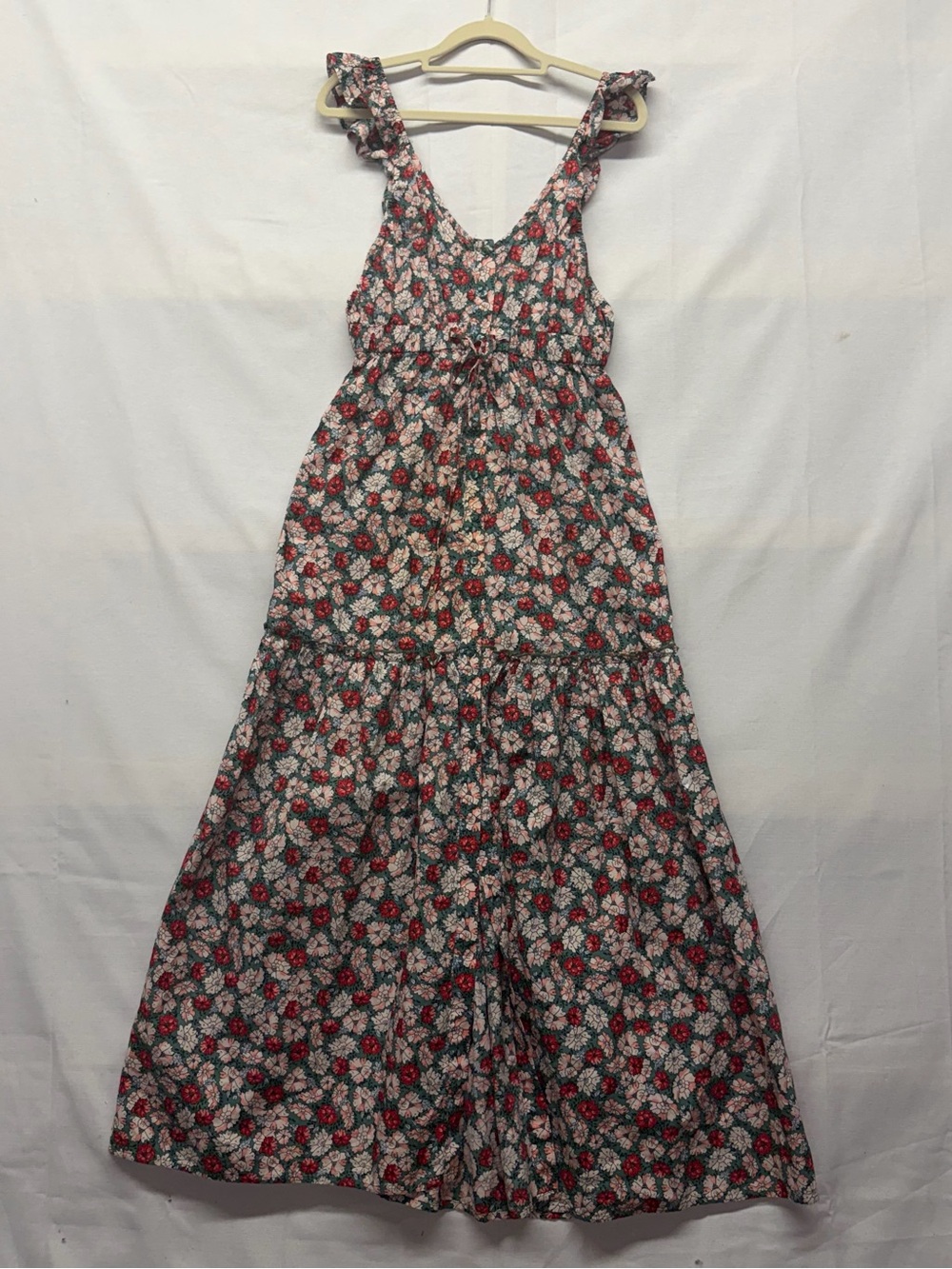 Mango MNG Floral Ruffled Strap Maxi Dress - Red, Green, Cream size 4 button